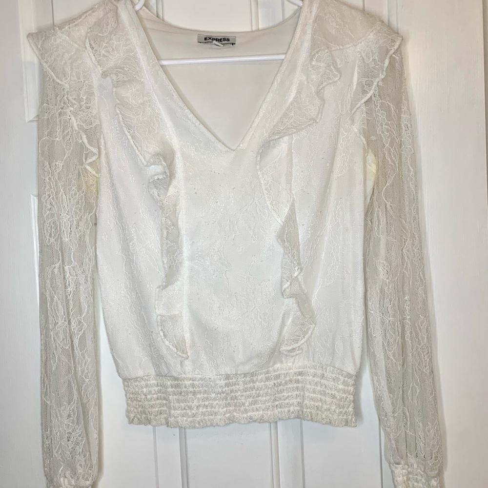 Express V-Neck Lace Longsleeve Light weight Floral Fringe Blouse Ladies XS